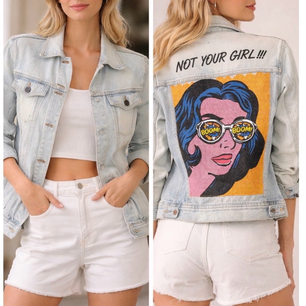 Boom Boom Jeans Light Wash Denim Jacket with Pop Art Back Patch size medium